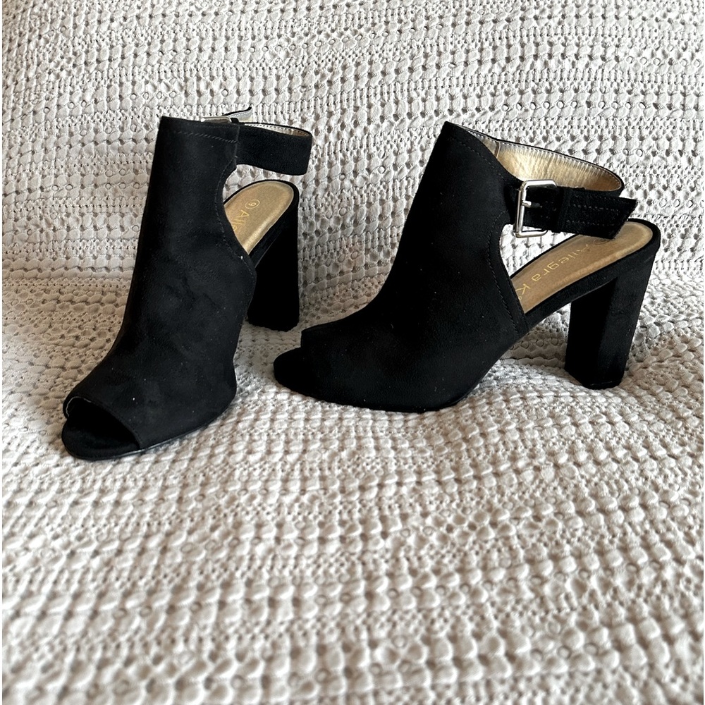 Black Peep Toe Suede Heels with Adjustable ankle strap Size 9